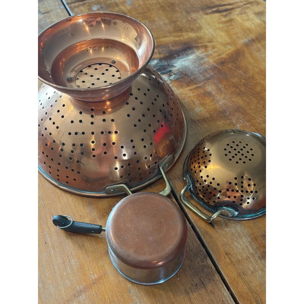 Vintage Copper Colander Set Crowning Touch Korea Strainer Measuring Cup patina - Picture 4 of 8